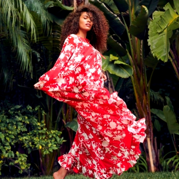 Johanna Ortiz X H&M Red Wild Roses Voluminous Satin Dress Kaftan Size L - Picture 1 of 14